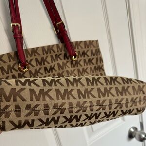 Michael Kors Monogram MK Messenger Tote Bag w/ red leather handles